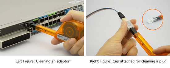 Left Figure: Cleaning an adaptor,Right Figure: Cap attached for cleaning a plug